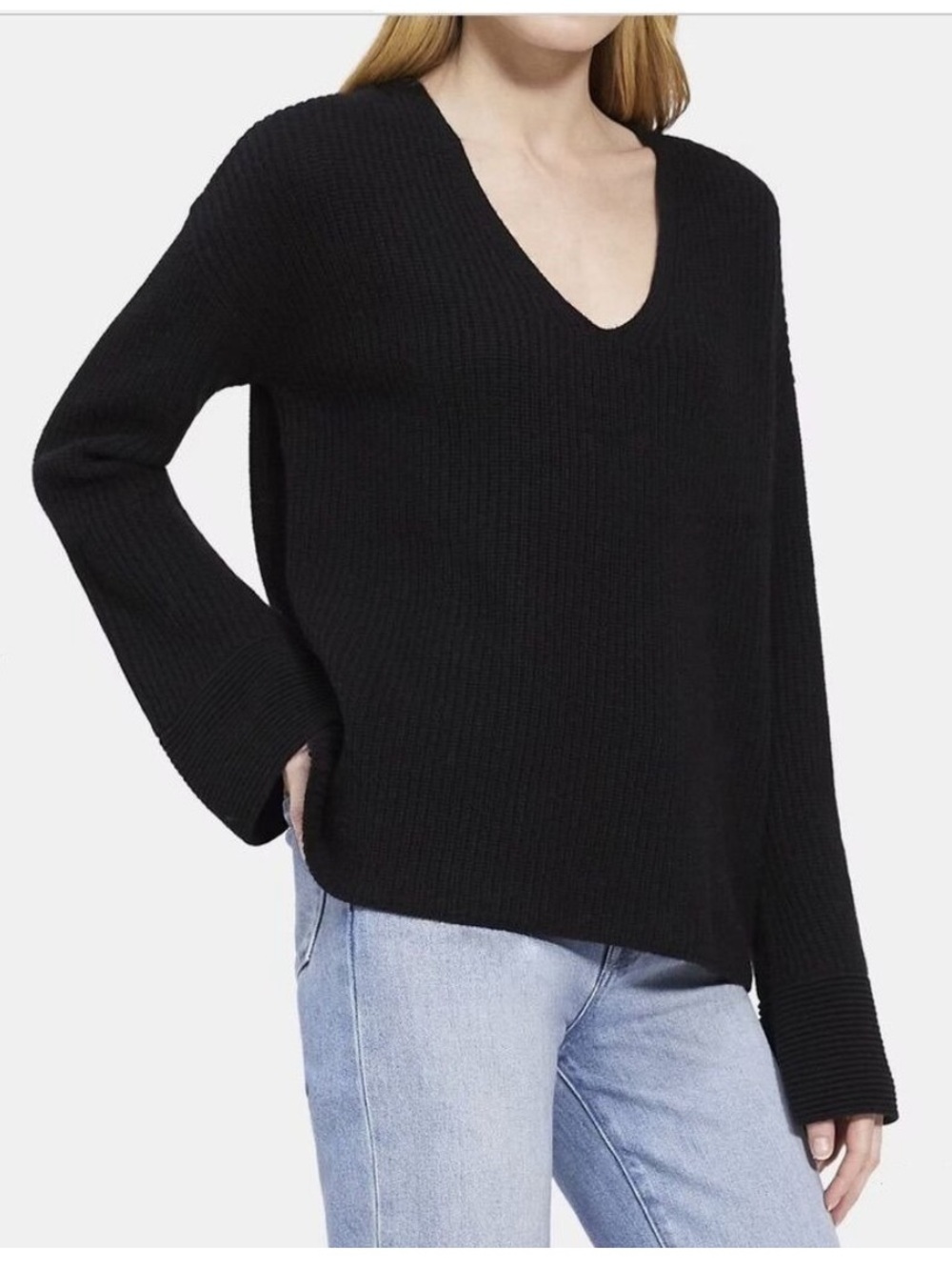 Theory Black Soft Fisherman Ribbed Wide Cuffed Cashmere Knit Sweater Size medium